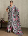 Crease Black Ajrakh Printed Satin Crepe Soft Silk Saree With Blouse