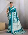 Arctic Rama Ajrakh Printed Satin Crepe Silk Saree
