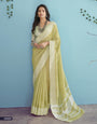 Lemon Yellow Soft Linen Silk With Chikankari Weaved Border Saree R1