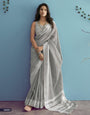 Gray Soft Linen Silk With Chikankari Weaved Border Saree R1