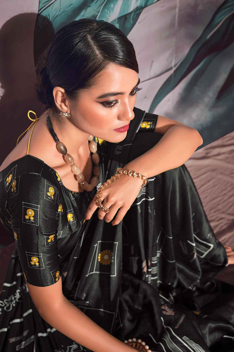Women's Crepe Black Digital Print Designer Saree With Blouse Piece