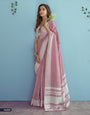 Baby Pink Soft Linen Silk With Chikankari Weaved Border Saree R1