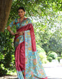 Crimson Maroon Tussar Silk Kalamkari Printed Saree With Blouse