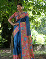 Vista Blue Tussar Silk Kalamkari Printed Saree With Blouse