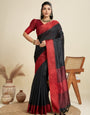 Matte Black Soft Raw Silk Saree With Contrast Border