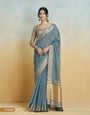Denim Blue Handloom Woven Linen Sot Silk Saree