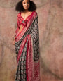 Black With Maroon Ajrakh Printed Satin Georgette Saree