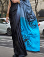 Black & Aqua Blue Printed Satin Crepe Saree