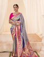 Silver Gray Weaving Paithani Tissue Silk Saree RP6