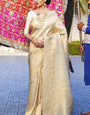 Imbrication Beige Kanjivaram Silk Saree With Skinny Blouse Piece