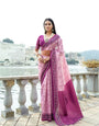 French Pink Soft Raw Silk Saree With Flower Printed Contrast Border