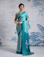 Ocean Blue Ajrakh Printed Satin Crepe Silk Saree
