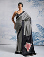 Asphalt Black Ajrakh Printed Satin Crepe Silk Saree