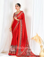 Red Ajrakh Printed Modal Silk Plain Saree With Ajrakh Blouse