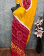 Yellow With Red Kasumbo Bandhej Pure Modal Silk Shibori Bandhani With Zari Pallu