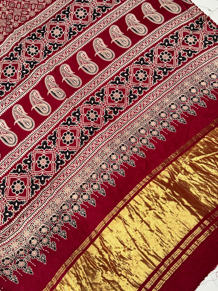 Maroon Bagru Hand Block Printed Modal Silk Saree