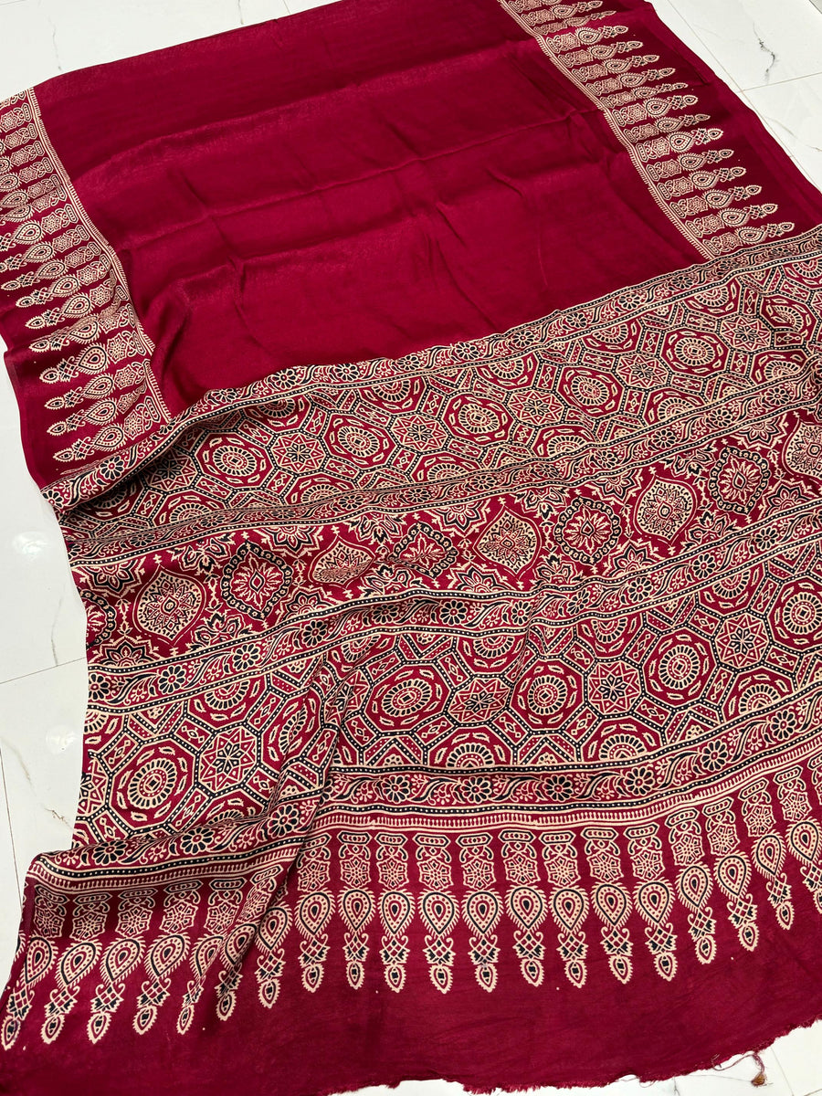 Modal Silk Ajrakh Saree - Maroon