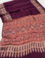Wine Ajrakh Hand Block Modal Silk Saree With Fancy Ajrakh Pallu and Border