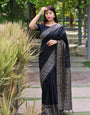 Crease Black Banglori Handloom Raw Silk Saree With Rich Pallu And Running Blouse Piece