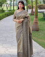 Grey Olive Banglori Handloom Raw Silk Saree With Rich Pallu And Running Blouse Piece