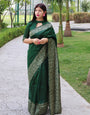 Green Banglori Handloom Raw Silk Saree With Rich Pallu And Running Blouse Piece