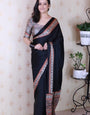 Glossy Black Ajrakh Hand-Printed Modal Silk Saree With Blouse