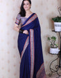 Pretty Blue Ajrakh Hand-Printed Modal Silk Saree With Blouse