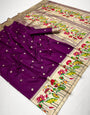 Stunning Wine Woven Paithani Soft Silk Saree