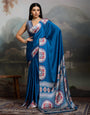 Midnight Blue Ajrakh Printed Satin Crepe Silk Saree