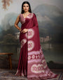 Anemones Maroon Ajrakh Printed Satin Crepe Silk Saree