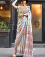 Elegant Off White Digital Printed Satin Silk Saree With Lovely Blouse