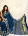 Indigo Hand Block Ajrakh Saree in Pure Modal Silk with Gharchola Border and Zari Detailing