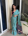 Deep Aqua Striped Ajrakh Hand-Printed Modal Silk Saree