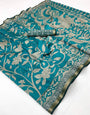 Teal Blue Pure Mul Cotton Saree With Stylish Blouse Piece