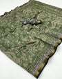 Spanish Green Mul Mul cotten Soft Silk saree With Evocative Blouse Piece