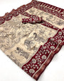 Cream With Maroon Pure Mal Cotton Soft Silk Saree With Blouse