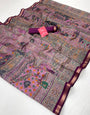 Tulip Pink With Purple Border Ajrakh Kalamkari Pure Maslin Silk Saree