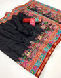 Stylish Black Ajrakh Kalamkari Pure Maslin Silk Saree with Mirror Work