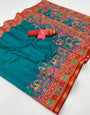 Cerulean Blue Ajrakh Kalamkari Pure Maslin Silk Saree with Mirror Work
