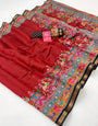 Mahogany Red Ajrakh Kalamkari Pure Maslin Silk Saree with Mirror Work
