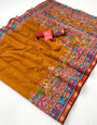 Rob Yellow Ajrakh Kalamkari Pure Maslin Silk Saree with Mirror Work