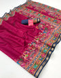 Jam Pink Ajrakh Kalamkari Pure Maslin Silk Saree with Mirror Work