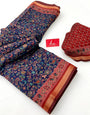 Navy Blue Ajrakh Kalamkari Pure Maslin Silk Saree With Mirror Work