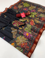 Phenomenal Black Ajrakh Kalamkari Pure Maslin Silk Saree With Pulsating Blouse Piece