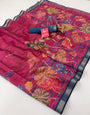 Innovative Dark Pink Ajrakh Kalamkari Pure Maslin Silk Saree With Pulsating Blouse Piece