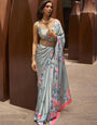 Bitter Grey Digital Printed Satin Silk Saree