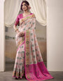 Snowy White and Pink Patola Silk Saree With Weaving Border