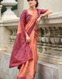 Rustic Orange Handloom Linen Cotton Saree Designer Blouse