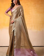 Fawn Brown Woven Tissue Soft Silk Saree With Blouse
