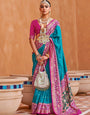 Dodger Blue Printed Patola Handloom Soft Silk Saree